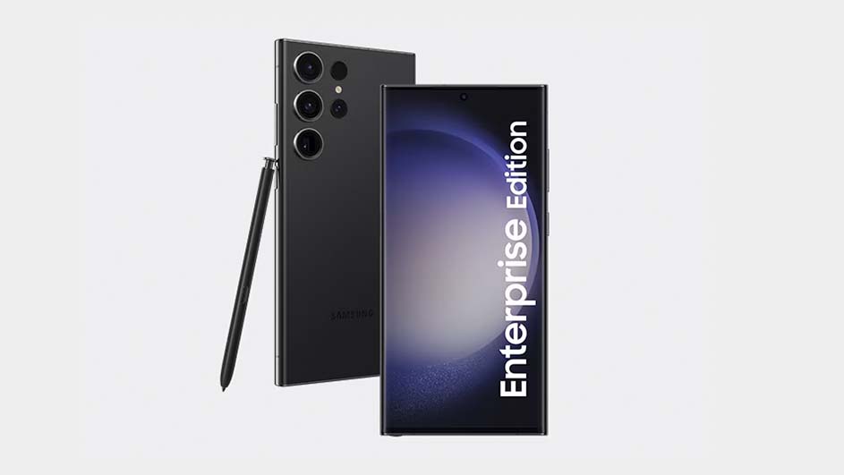 Téléphone noir avec trois caméras et stylet, écran affichant "Enterprise Edition" sur fond blanc.