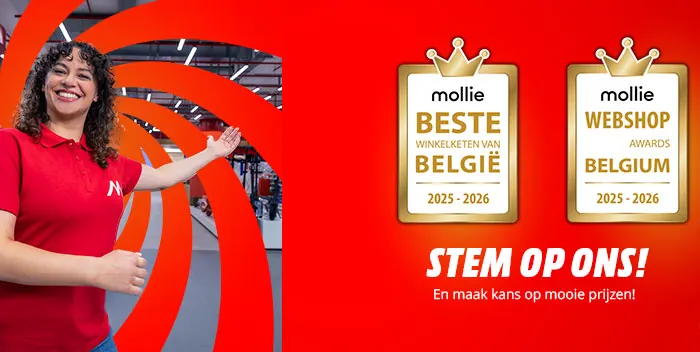 Rode achtergrond met "Stem op ons!" tekst. Twee awards: "Beste winkelketen van België" en "Webshop Awards Belgium".