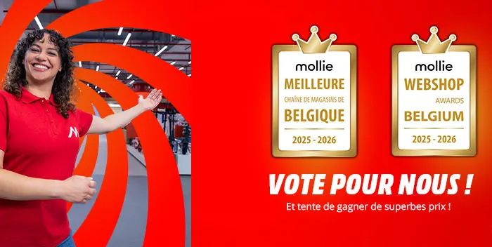 Bande rouge avec texte promotionnel et logos de prix Mollie Belgique 2025-2026. Arrière-plan d'entrepôt.