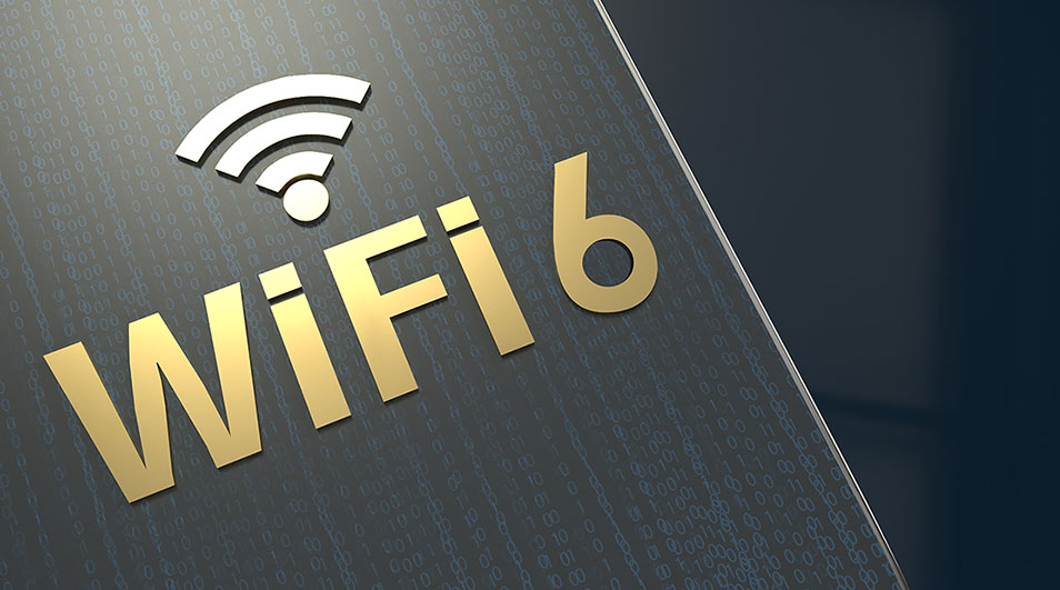 Gouden 'WiFi 6' tekst en wit WiFi-symbool op een grijze achtergrond.