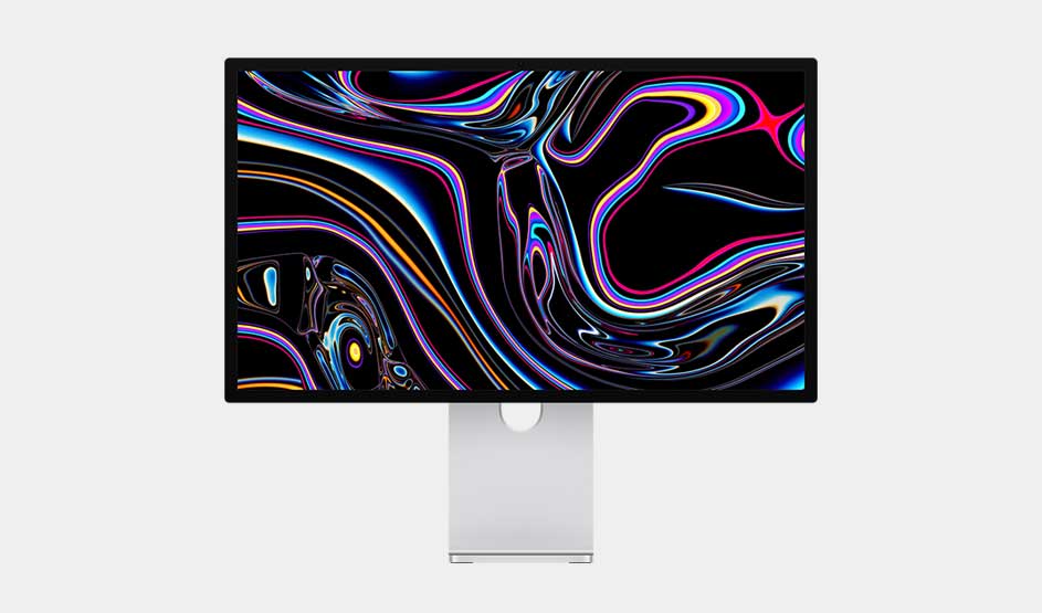 A thin monitor on a silver stand shows a black screen filled with swirling neon streaks of blue, pink and yellow, like liquid light.