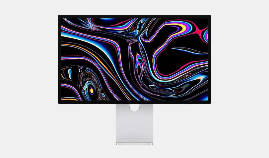 Un écran fin sur pied métallique affiche un fond noir traversé de courbes néon bleues, roses et jaunes, rappelant des vagues lumineuses.