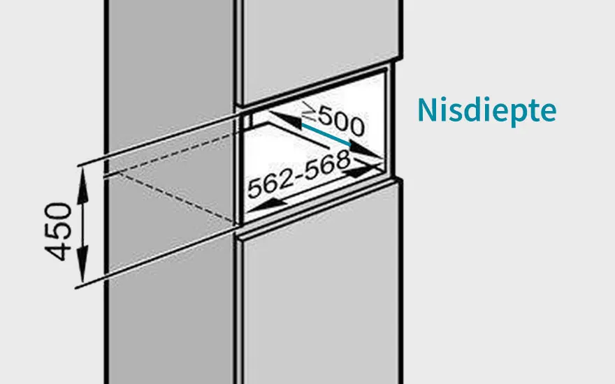 Grijze tekening toont inbouwafmetingen van een keukenapparaat: 450, 562-568, ≥500. 'Nisdiepte' in blauwe letters rechts.