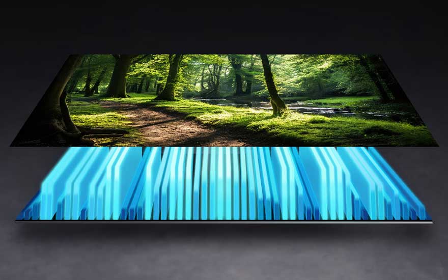 Un écran fin affiche une forêt au-dessus de structures lumineuses bleues, évoquant un rétroéclairage avancé.