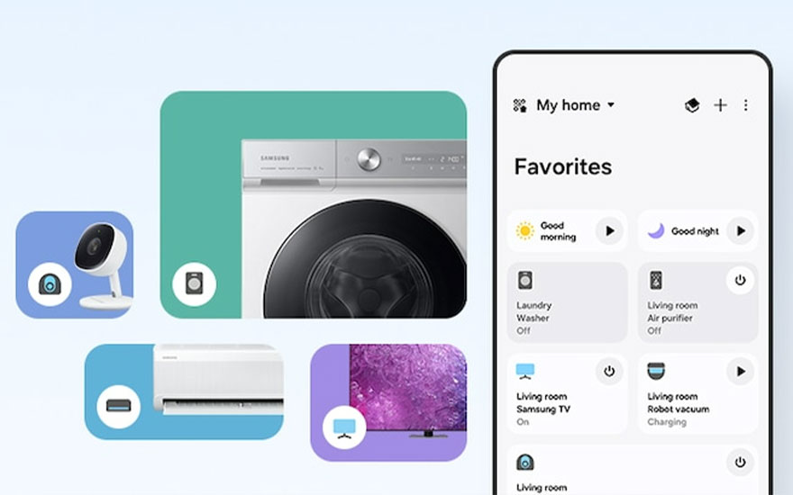 Een smartphone toont een app voor slimme huisbediening, met pictogrammen voor wasmachine, tv, stofzuiger en beveiligingscamera.