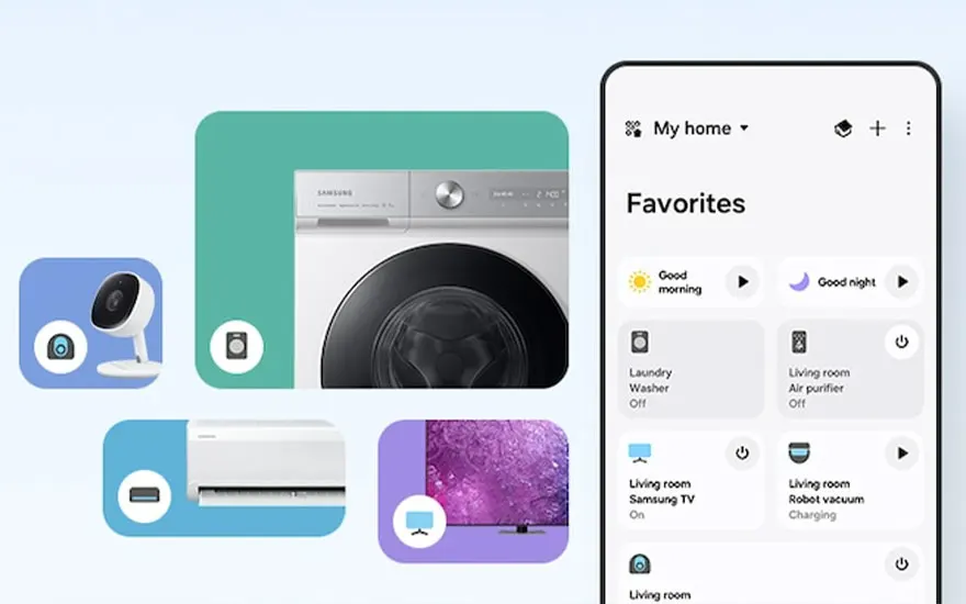 Een smartphone toont een app voor slimme huisbediening, met pictogrammen voor wasmachine, tv, stofzuiger en beveiligingscamera.