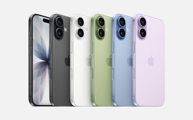 Six smartphones in black, white, green, blue, and purple, arranged at an angle with dual cameras.