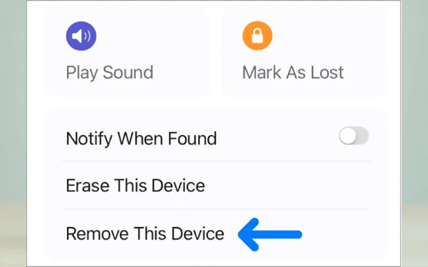 Capture d'écran d'un menu d'appareil avec options : "Émettre un son", "Signaler perdu", "Effacer cet appareil", "Supprimer".
