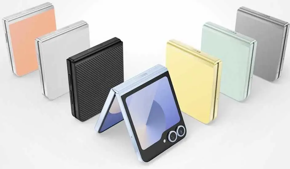 Zeven Samsung Galaxy Z Flip smartphones in verschillende kleuren, waarvan één opengeklapt en de rest dichtgeklapt staan.
