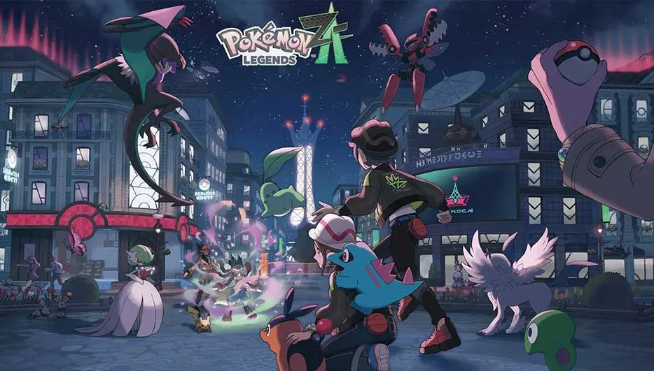 Een nachtelijke stad, trainers en Pokémon vullen de straat, met Rayquaza die boven de gebouwen zweeft. Pokémon Legends-logo zichtbaar.