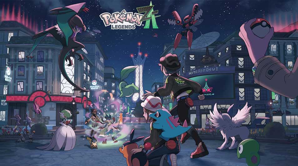 Night city scene, trainers and Pokémon fill the street, Rayquaza soars above. Pokémon Legends logo is visible on the left.
