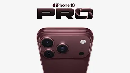 Un smartphone bordeaux à trois caméras occupe l’image, tandis que l’inscription « iPhone 18 Pro » ressort en grand sur un fond blanc épuré.