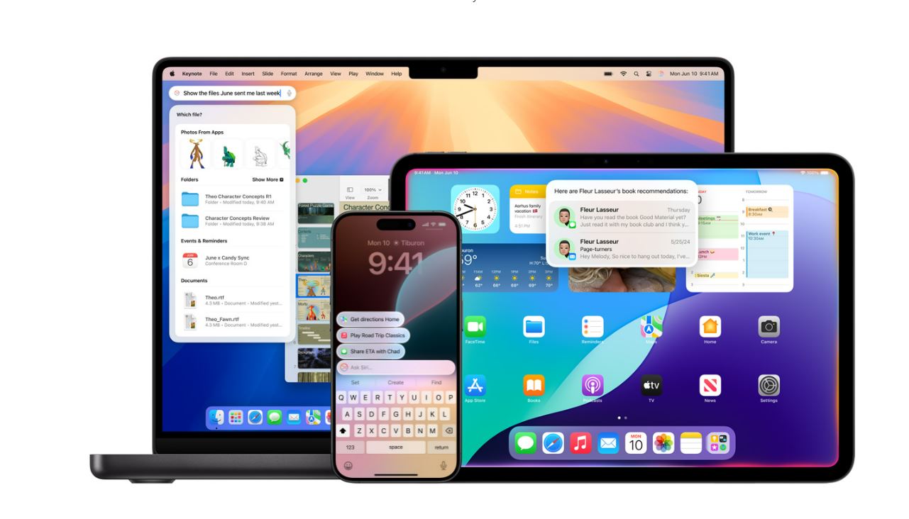 Un ordinateur portable, une tablette et un téléphone affichent des interfaces utilisateur différentes sur fond blanc.