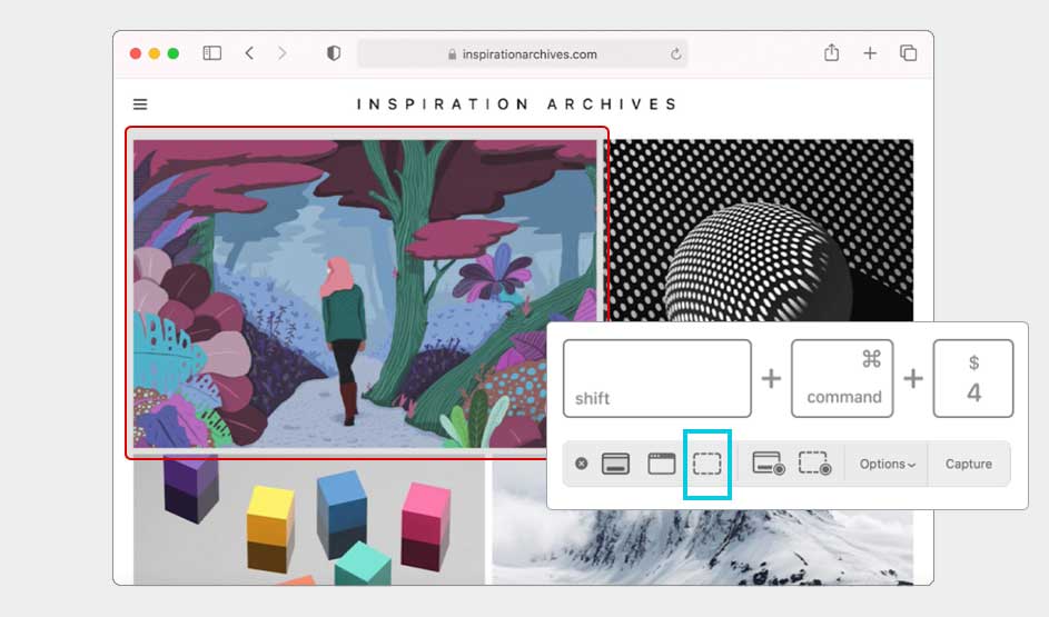 Écran de MacBook Apple affichant une page web avec illustrations colorées et outil de capture d’écran ; interface Apple bien reconnaissable.