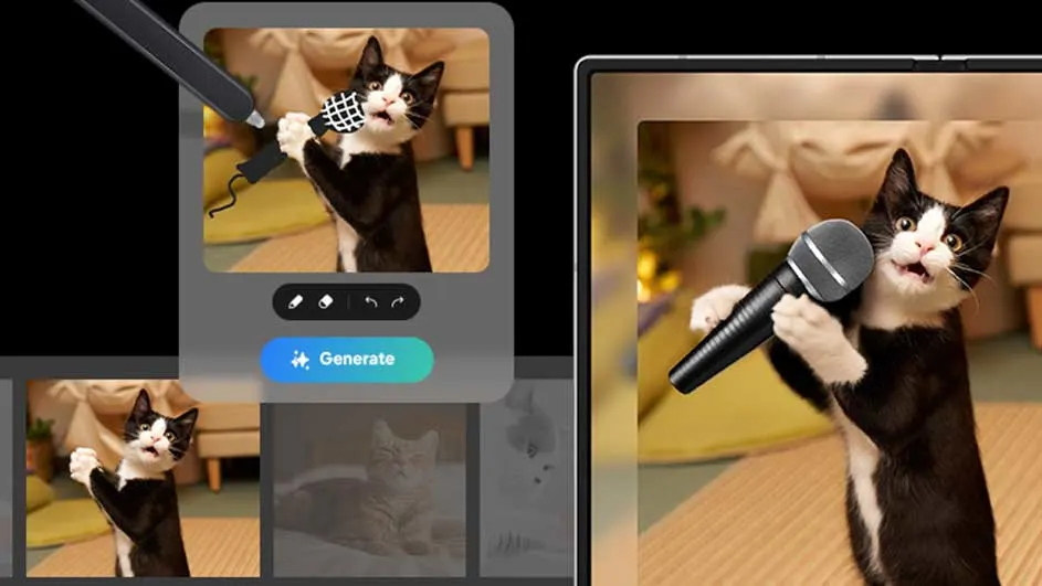 Un écran de téléphone affiche une image de chat noir et blanc tenant un microphone. Un stylet numérique est utilisé pour modifier l'image.