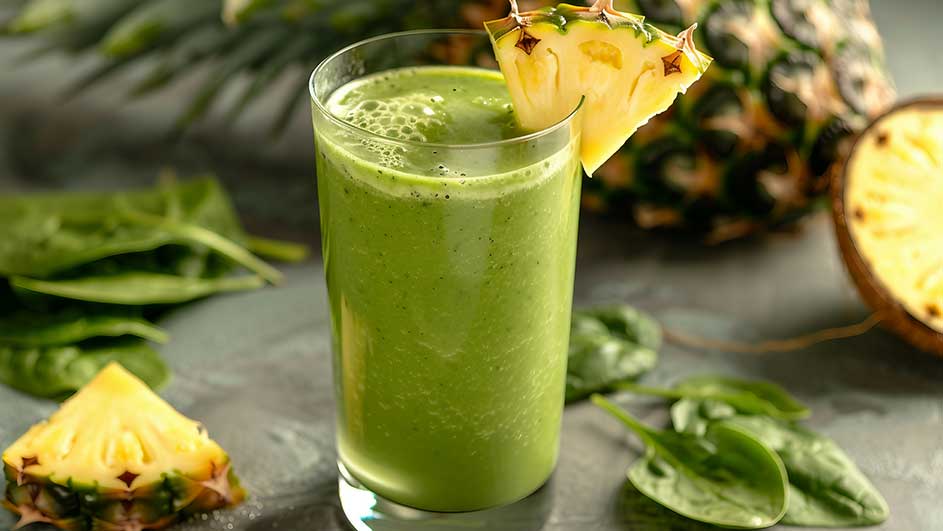 Een glas groene smoothie met ananas op een grijze ondergrond, omringd door spinazie en ananasstukken.