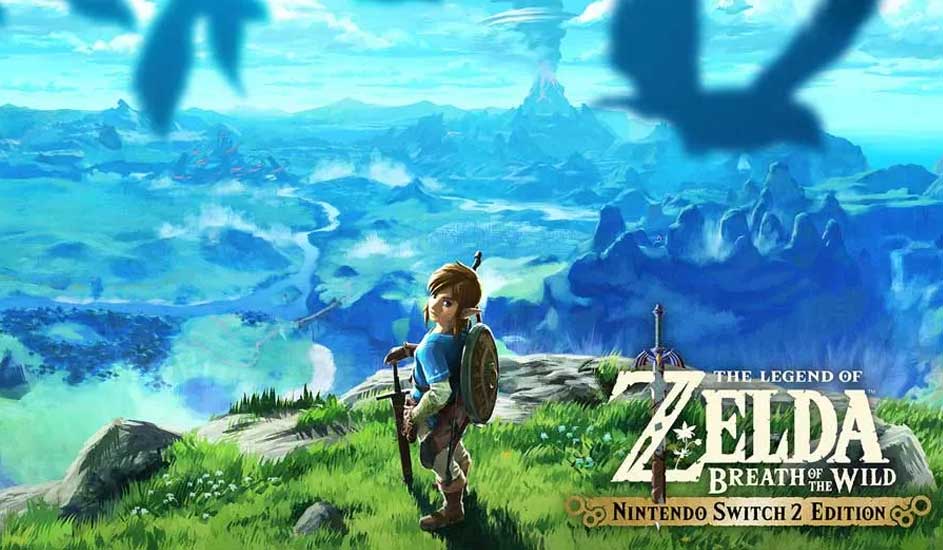 Un paysage bleu et vert avec des montagnes et de l'herbe. Le logo "Zelda Breath of the Wild" est visible.