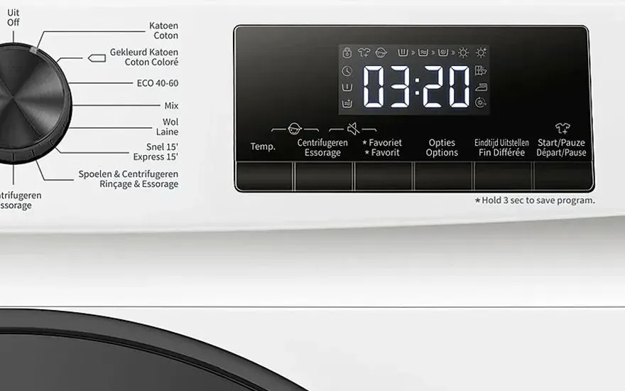 L’affichage et le bouton programme d’un lave-linge Samsung indiquent 3h20 restants, la marque Samsung est bien visible.