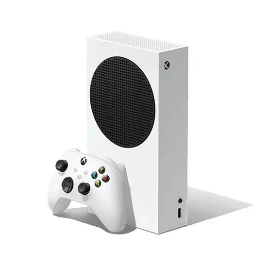 Une console blanche avec un cercle noir et une manette blanche sont visibles sur un fond blanc.