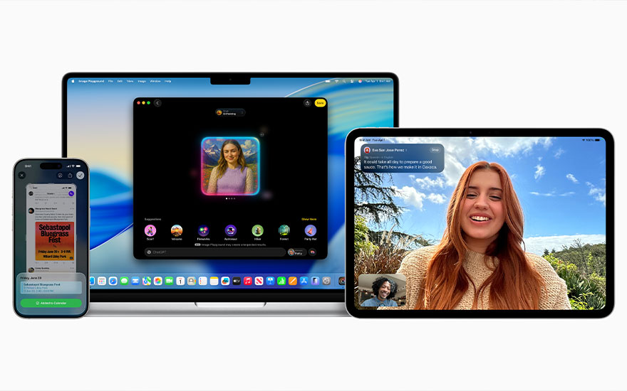 Three Apple devices showing FaceTime video calls: iPhone with messages, MacBook with group call, iPad with personal call.