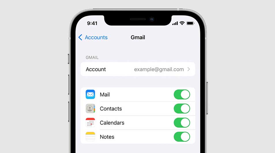 Capture d'écran d'un téléphone montrant les paramètres Gmail avec des icônes pour le courrier, les contacts, les calendriers et les notes.