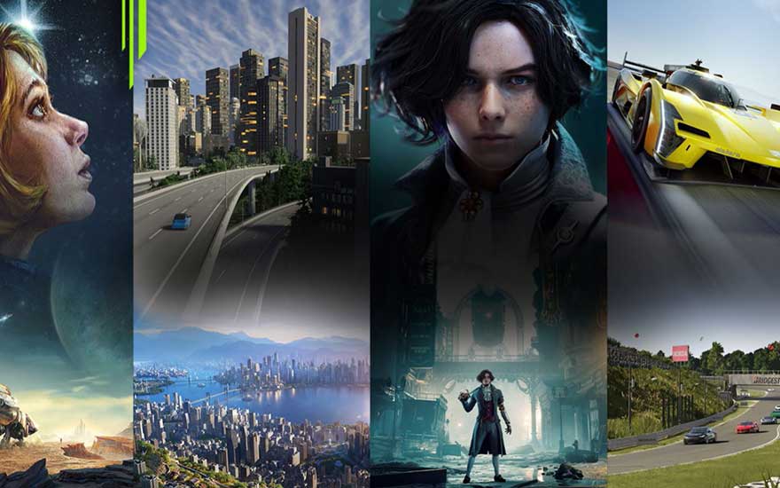 Collage toont diverse scènes: een ruimtelandschap, een stadsgezicht, een interieur en een racebaan met auto's.