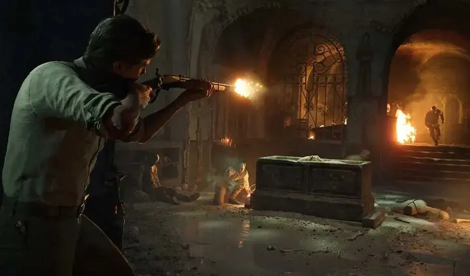 Un tireur dans un donjon sombre avec des flammes et des ennemis.