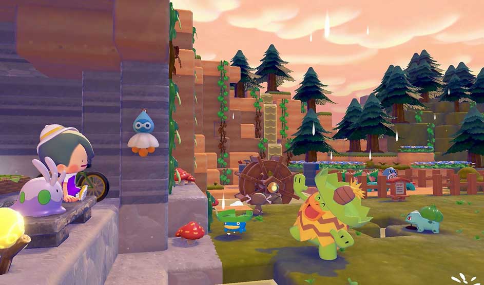 Cute, colourful creatures explore a bright valley of trees, stone huts, mushrooms and gentle rain beneath a soft pink sky.