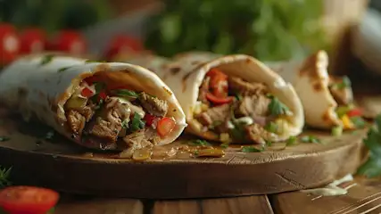 Trois wraps garnis de viande, de légumes et d'herbes sur une planche à découper en bois. Des tomates et de la verdure sont en arrière-plan.