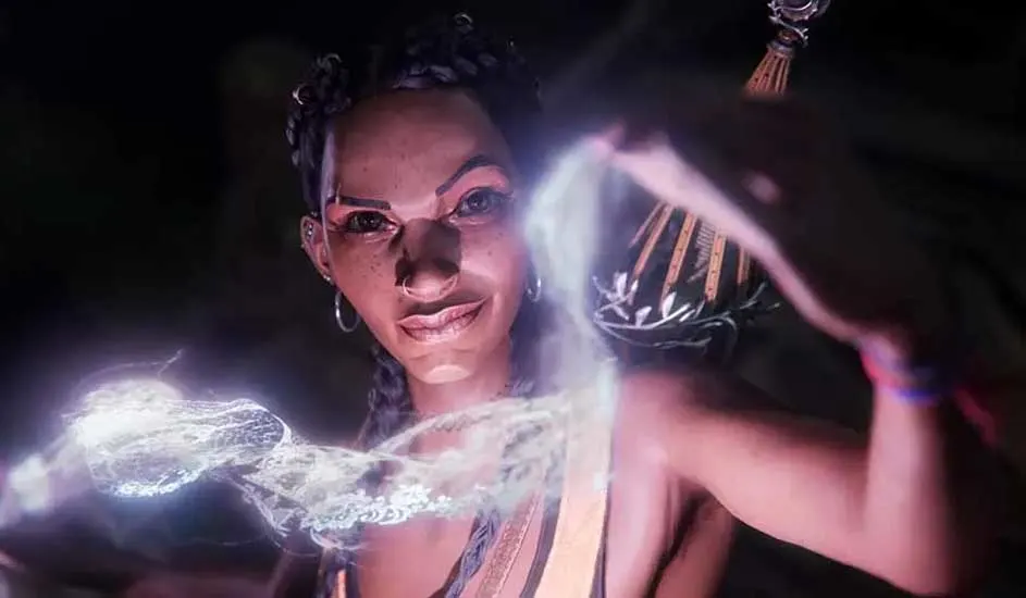 Gros plan sur des mains créant des effets lumineux blancs sur fond sombre. Des objets décoratifs sont visibles.