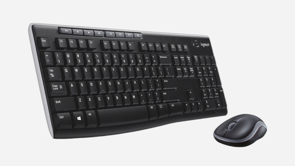 Un clavier sans fil complet avec pavé numérique, légère courbure et touches basses, accompagné d'une souris sans fil profilée noire et argentée.