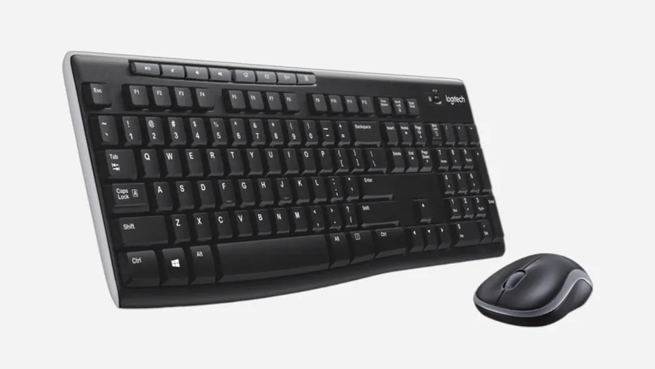 Un clavier sans fil complet avec pavé numérique, légère courbure et touches basses, accompagné d'une souris sans fil profilée noire et argentée.