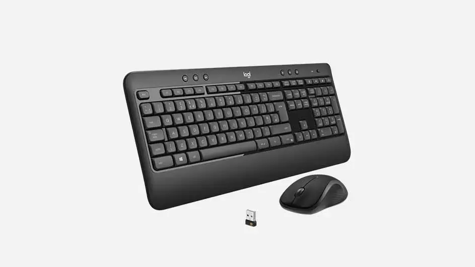 A black wireless keyboard and mouse set from Logitech with USB receiver, perfect for office work and working from home.