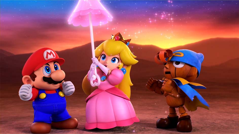 Trois personnages de jeu vidéo sur fond de coucher de soleil. Peach tient un parapluie rose. Mario porte une salopette bleue.