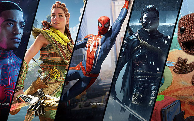 Collage van gamekarakters: Spiderman, Aloy, een samoerai en een bruine, gebreide figuur tegen verschillende achtergronden.