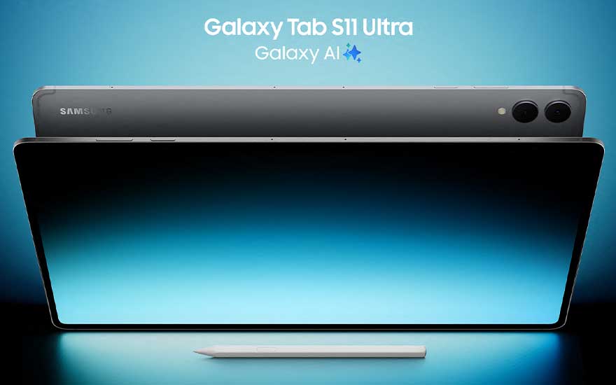 Tablette élégante avec stylet sur fond bleu dégradé, logo Galaxy AI bien visible.