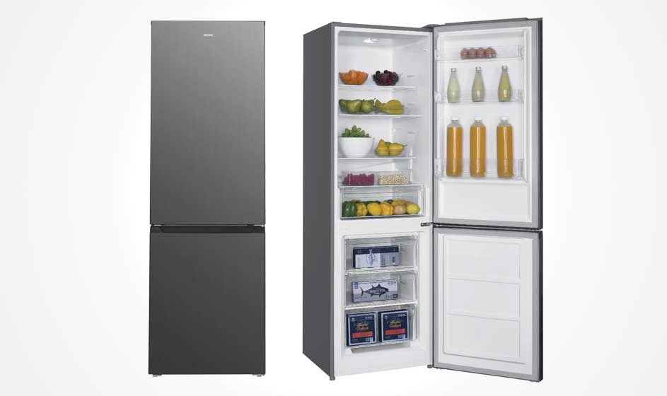 A modern refrigerator stands beside an open one. Inside are vegetables, fruit, bottles, jars, packages, and drawers, neatly arranged across shelves and doors.