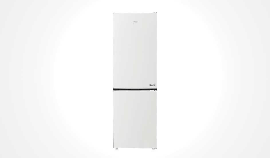 Tall, white Beko fridge with two doors, a freezer at the bottom, and a simple, sleek design.
