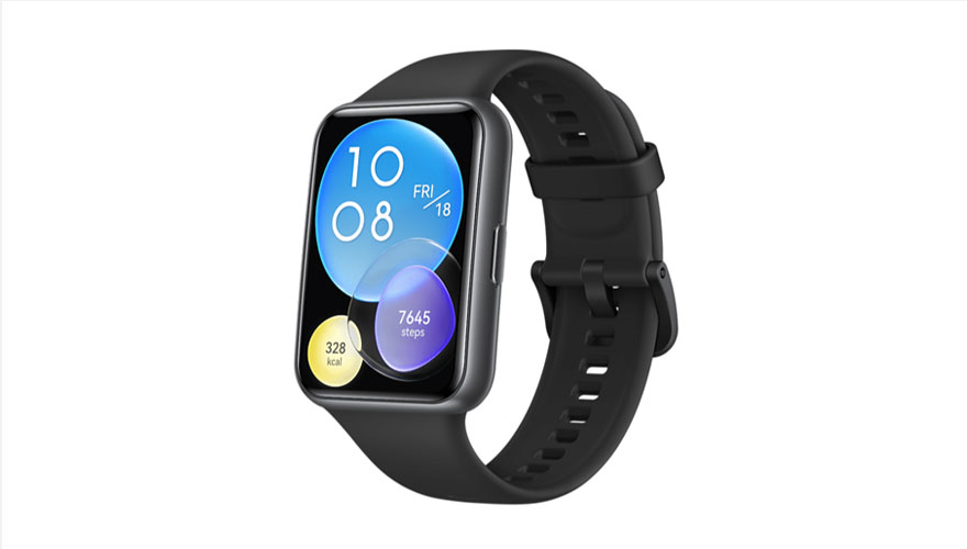 Een zwarte smartwatch toont 10:08, vrijdag 18, 7645 stappen en 328 kcal op een blauw en paars scherm.