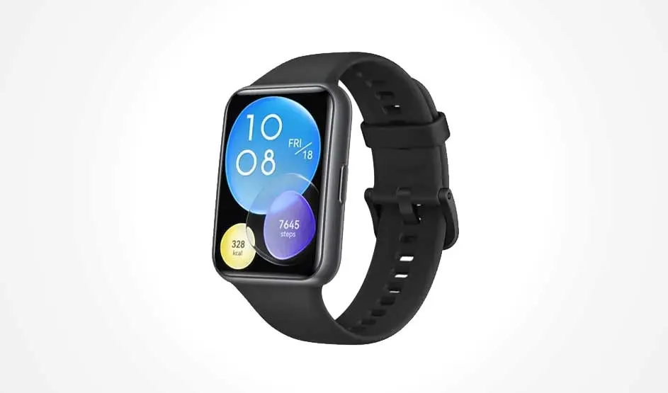 Een zwarte smartwatch toont 10:08, vrijdag 18, 7645 stappen en 328 kcal op een blauw en paars scherm.