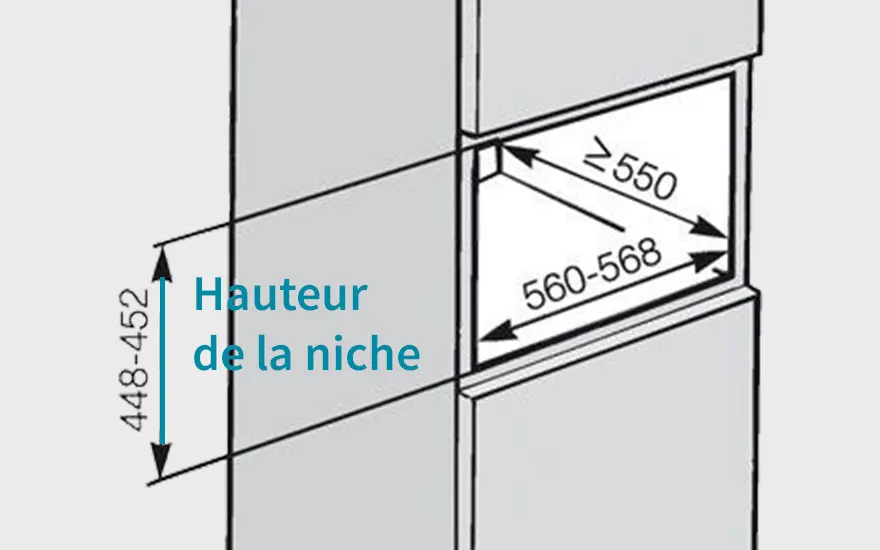 Diagramme technique gris et blanc avec des mesures de niche en millimètres.