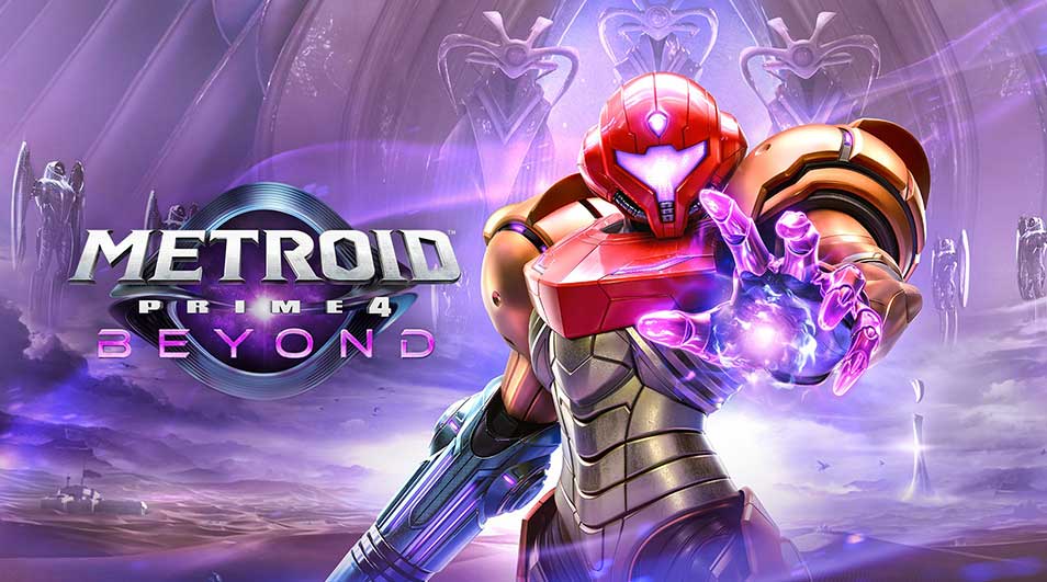 Metroid Prime 4: Beyond logo featuring Samus emanating purple energy against a dramatic alien architecture background with crystals.