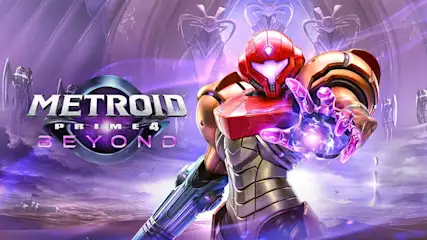 Metroid Prime 4: Beyond logo featuring Samus emanating purple energy against a dramatic alien architecture background with crystals.
