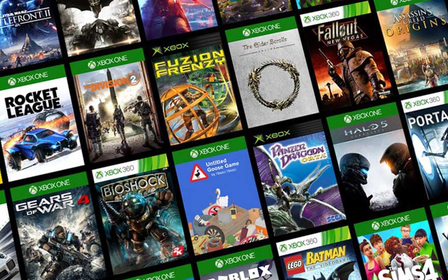 Diverses boîtes de jeux vidéo Xbox One et Xbox 360, y compris Rocket League, Fallout, et Assassin's Creed Origins.