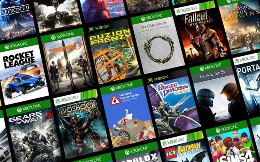 Diverses boîtes de jeux vidéo Xbox One et Xbox 360, y compris Rocket League, Fallout, et Assassin's Creed Origins.