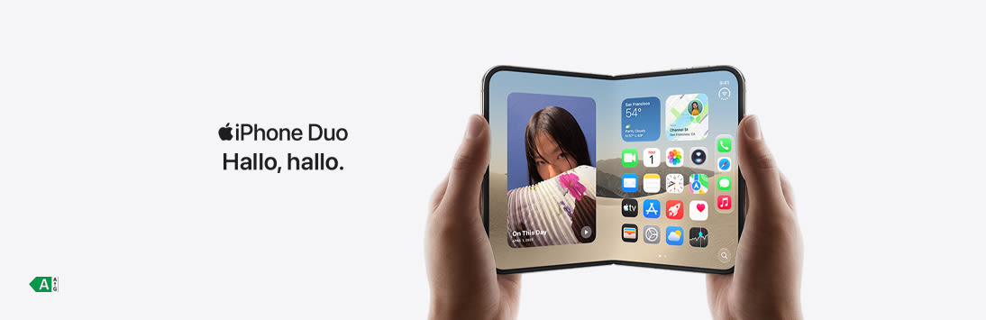 iPhone Duo met opengevouwen dubbel scherm, vastgehouden door twee handen, naast de tekst ‘Hallo, hallo’.