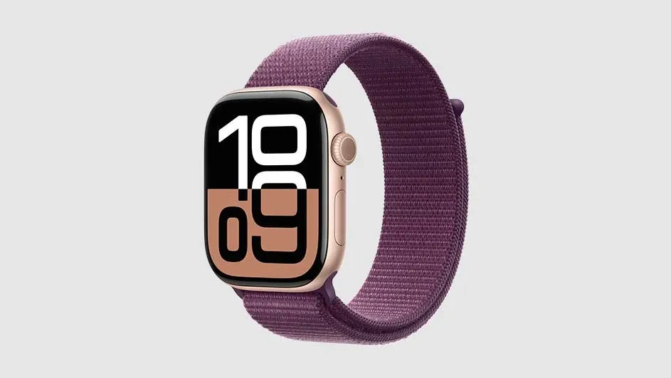 A close-up shows a gold smartwatch with a dark screen displaying "19:09." It features a purple woven band and rests on a light grey background.