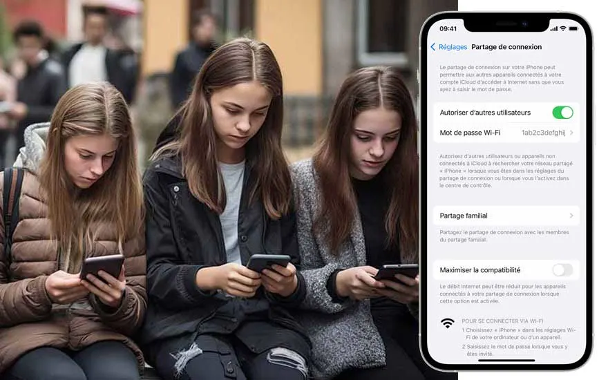 Trois personnes utilisent des téléphones. Un téléphone affiche les paramètres de partage de connexion Wi-Fi.