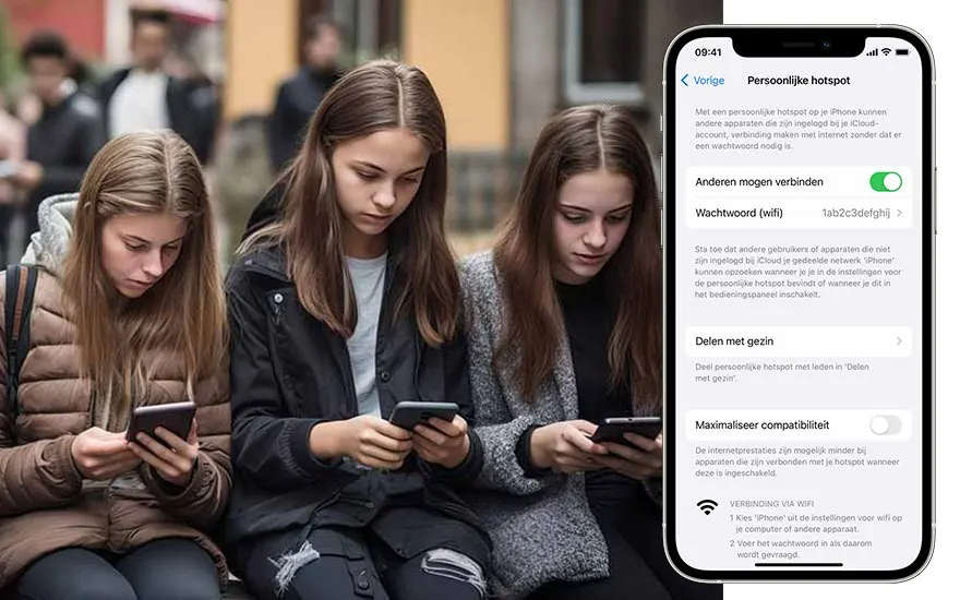 Drie personen kijken op smartphones. Rechts een iPhone-scherm met 'Persoonlijke Hotspot' in het Nederlands.