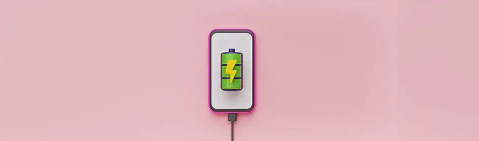 Een roze achtergrond toont een telefoon met een groen batterijpictogram en een gele bliksemschicht, aangesloten op een zwarte kabel.
